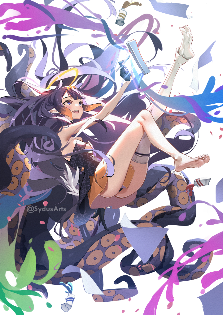 1girl bare_legs barefoot commentary english_commentary hololive hololive_english leg_up long_hair looking_up mole mole_under_eye ninomae_ina'nis ninomae_ina'nis_(1st_costume) open_mouth paint purple_hair single_thighhigh smile soles solo sydus tentacles thigh-highs toes virtual_youtuber white_thighhighs