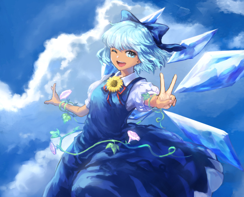 1girl blue_bow blue_dress blue_eyes blue_hair blue_sky bow breasts cirno clouds collared_shirt commentary_request dress feet_out_of_frame flower hair_bow hidden_star_in_four_seasons ice ice_wings looking_at_viewer mogukk neck_ribbon one_eye_closed open_mouth pinafore_dress plant puffy_short_sleeves puffy_sleeves red_ribbon ribbon shirt short_hair short_sleeves sky sleeveless sleeveless_dress small_breasts smile solo sunflower tan tanned_cirno touhou v vines white_shirt wings