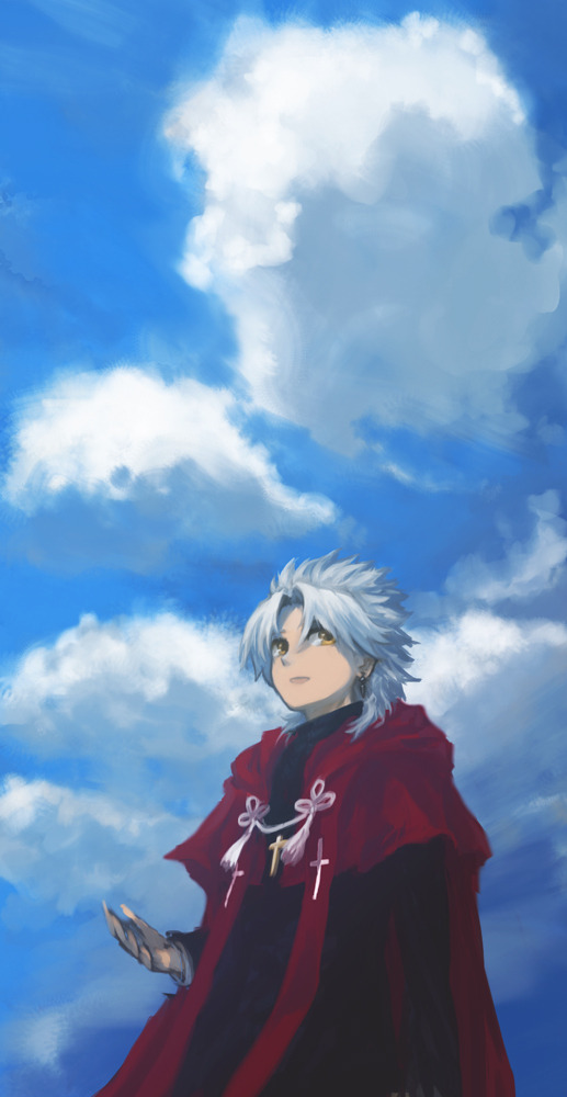 1boy amakusa_shirou_(fate) black_shirt blue_sky cape closed_mouth clouds commentary_request cowboy_shot cross cross_necklace cross_print expressionless fate_(series) jewelry long_sleeves looking_afar male_focus mogukk necklace parted_bangs red_cape shirt short_hair sky solo stole white_hair yellow_eyes