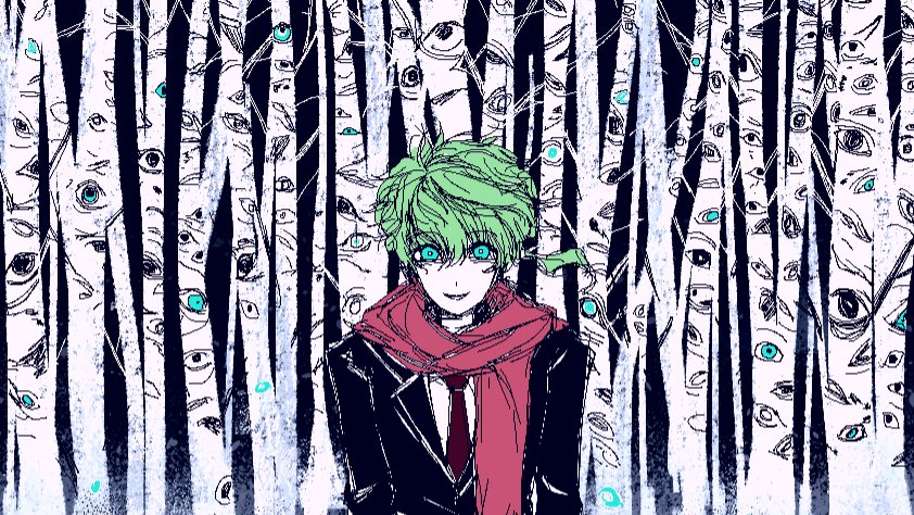 1boy aqua_eyes arms_at_sides birch black_jacket black_suit colored_skin crazy_eyes evil_grin evil_smile green_hair grin jacket jaggy_lines kimi_ga_shine lapels long_sleeves low_ponytail male_focus midori_(kimi_ga_shine) necktie red_necktie red_scarf scarf shirt short_hair side_ponytail smile solo straight-on suit suit_jacket too_many_eyes upper_body weaeram000 white_shirt white_skin