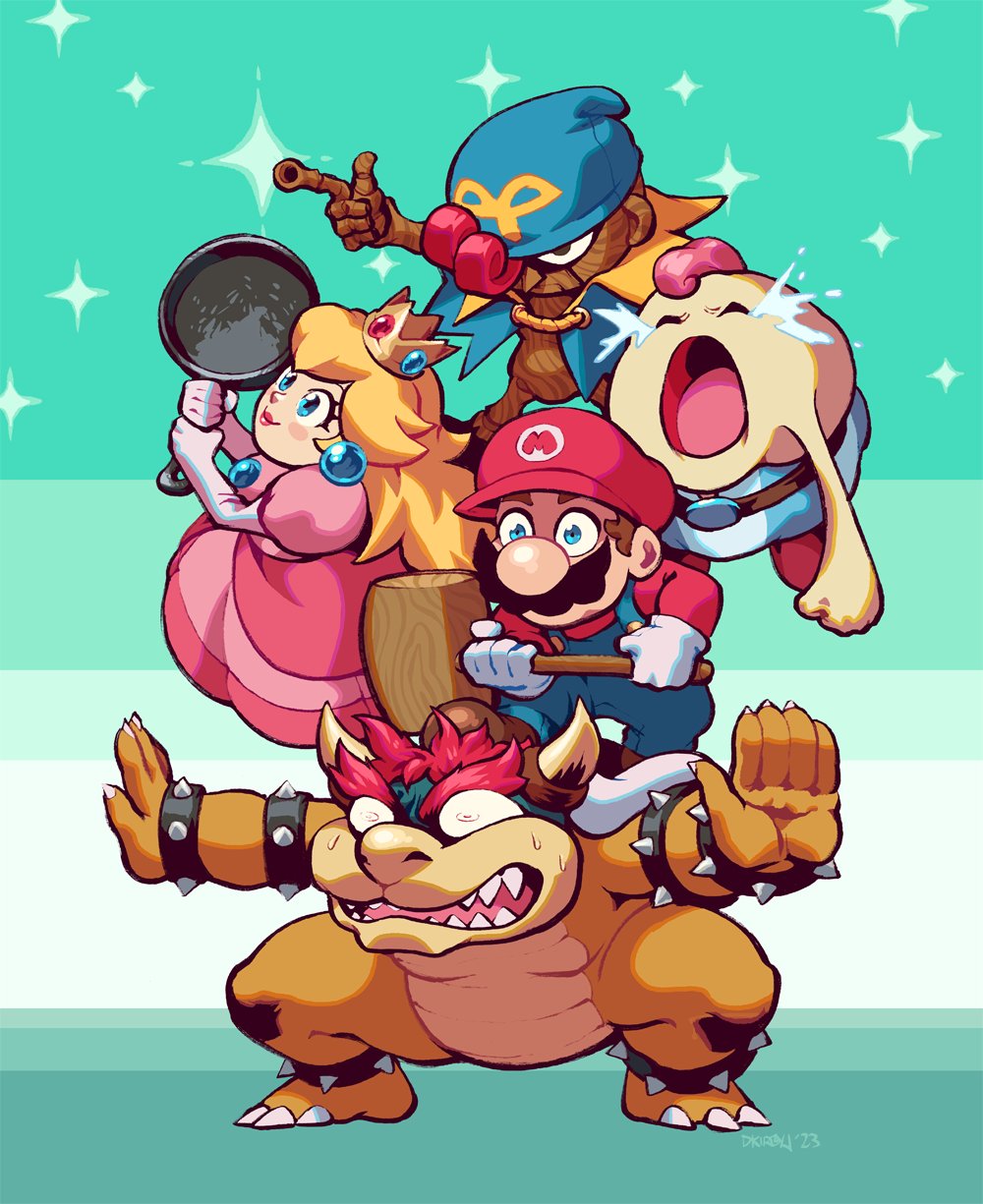 1girl 4boys aqua_eyes artist_name barefoot belt blonde_hair blue_headwear blush blush_stickers bowser bracelet brown_hair closed_eyes closed_mouth commentary crown dkirbyj dress earrings facial_hair frying_pan full_body geno_(mario) gloves hat highres holding holding_frying_pan holding_mallet horns jewelry long_hair long_sleeves mallet mallow_(mario) mario multiple_boys mustache nostrils open_mouth outstretched_arms overalls pink_dress princess_peach red_headwear redhead sharp_teeth shirt shoes short_hair signature smile spiked_bracelet spikes standing super_mario_bros. super_mario_bros._1 super_mario_rpg sweat teeth thick_eyebrows tongue white_gloves