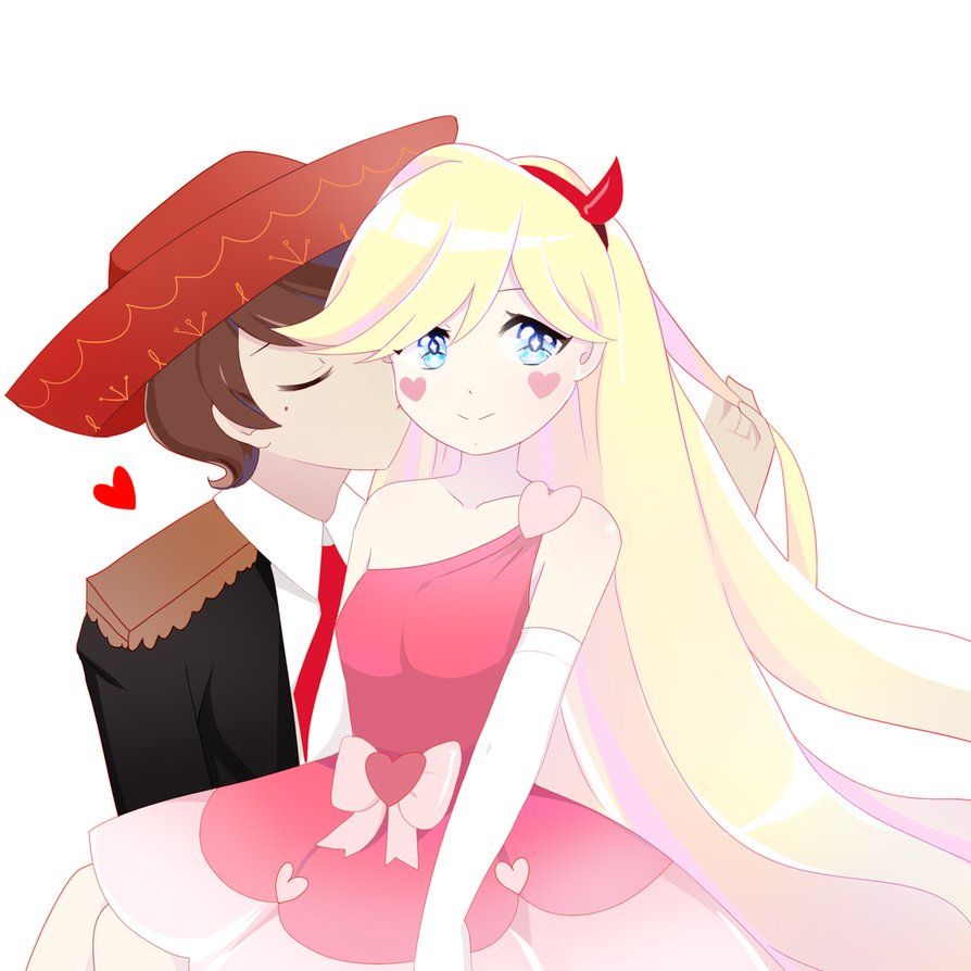 1boy 1girl blonde_hair blue_eyes brown_hair closed_eyes couple female kissing_cheek male marco_diaz star_butterfly star_vs_the_forces_of_evil