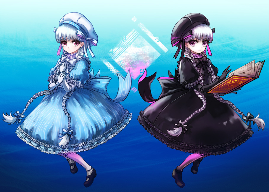 2girls alice_(fate) back_bow beret black_bow black_bowtie black_dress black_gloves black_headwear blue_bow blue_dress book bow bowtie braid closed_mouth commentary_request doll_joints dress elbow_gloves expressionless fate/extra fate_(series) flat_chest frilled_dress frilled_sleeves frills full_body gloves hair_bow hat joints lolita_fashion long_hair looking_at_viewer mogukk multiple_girls nursery_rhyme_(fate) open_book own_hands_together puffy_short_sleeves puffy_sleeves short_sleeves twin_braids very_long_hair violet_eyes waist_bow white_bow white_bowtie white_gloves white_hair white_headwear