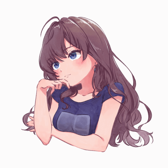 1girl ahoge arm_under_breasts blue_eyes blush breasts brown_hair closed_mouth collarbone commentary_request curly_hair earrings hand_on_own_chin ichinose_shiki idolmaster idolmaster_cinderella_girls idolmaster_cinderella_girls_starlight_stage jewelry light_smile long_hair looking_afar medium_breasts rakkopower shirt simple_background solo t-shirt upper_body white_background