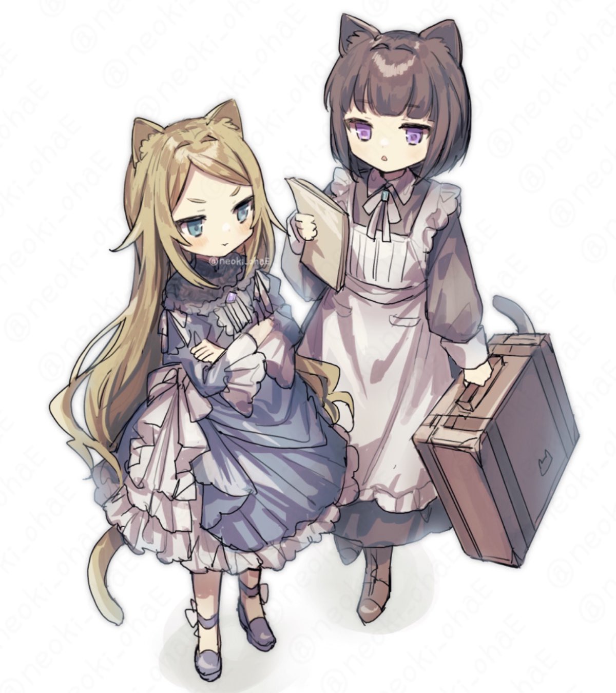 &gt;:( 2girls :t animal_ears apron black_dress blue_dress blue_eyes brown_hair cat_ears cat_girl cat_tail dress frilled_dress frills highres holding holding_suitcase light_brown_hair long_hair long_sleeves maid_apron multiple_girls neoki_ohae original pout short_hair suitcase tail triangle_mouth v-shaped_eyebrows very_long_hair violet_eyes white_apron