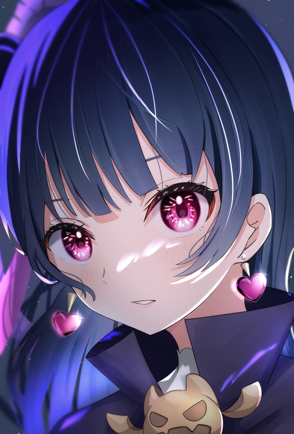 1girl awaomi black_coat blue_hair blush coat commentary earrings genjitsu_no_yohane heart heart_earrings high_collar highres jewelry light_particles long_hair looking_at_viewer love_live! love_live!_sunshine!! parted_lips pink_eyes portrait shadow sidelocks solo sparkle tsushima_yoshiko