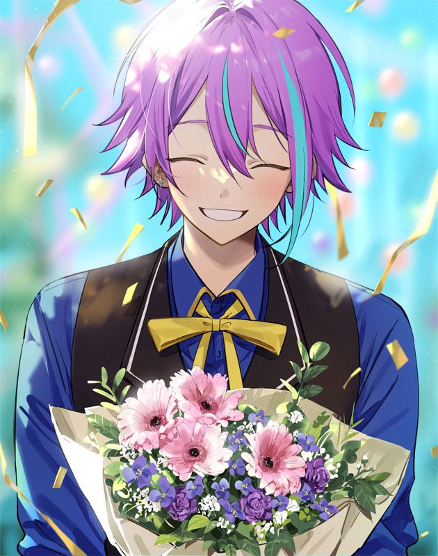 1boy aqua_hair asymmetrical_bangs black_vest blurry blurry_background blush bouquet closed_eyes collared_shirt commentary confetti earrings facing_viewer flower hk_(wgyz7222) holding holding_bouquet jewelry kamishiro_rui long_sleeves male_focus neck_ribbon pink_flower project_sekai purple_flower purple_hair ribbon shirt short_hair smile solo teeth upper_body vest yellow_ribbon