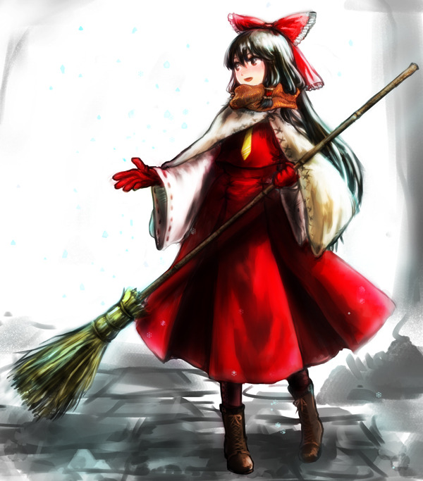1girl black_hair blush boots bow brick_floor broom brown_footwear commentary_request flat_chest frilled_bow frilled_hair_tubes frills full_body gloves hair_bow hair_tubes hakurei_reimu holding holding_broom long_hair looking_afar mogukk necktie open_mouth orange_scarf red_bow red_eyes red_gloves red_shirt red_skirt ribbon-trimmed_sleeves ribbon_trim scarf shirt sidelocks skirt skirt_set smile solo touhou white_sleeves wide_sleeves yellow_necktie