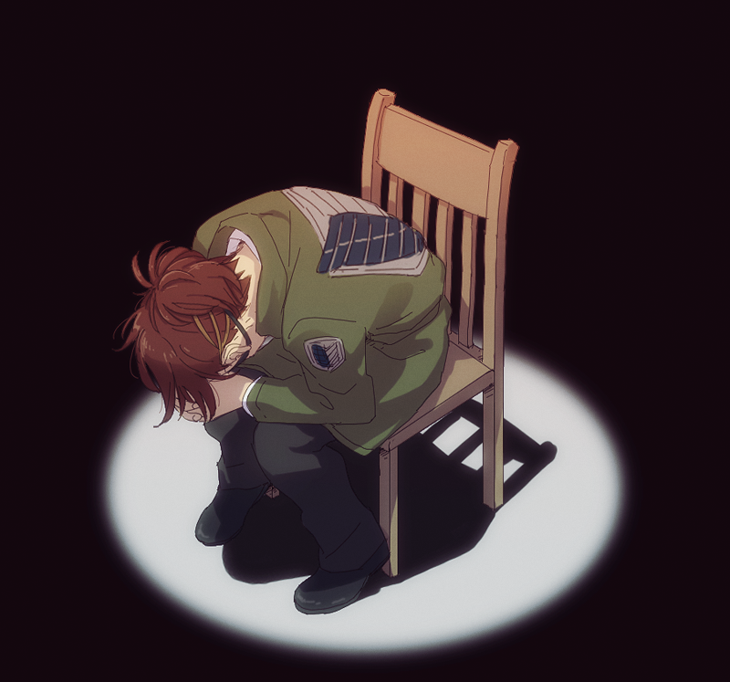 1other chair commentary full_body green_jacket hange_zoe hanpetos jacket meme neon_genesis_evangelion other_focus own_hands_clasped own_hands_together parody ponytail shingeki_no_kyojin shinji_in_a_chair_(meme) sitting solo spotlight survey_corps_(emblem)