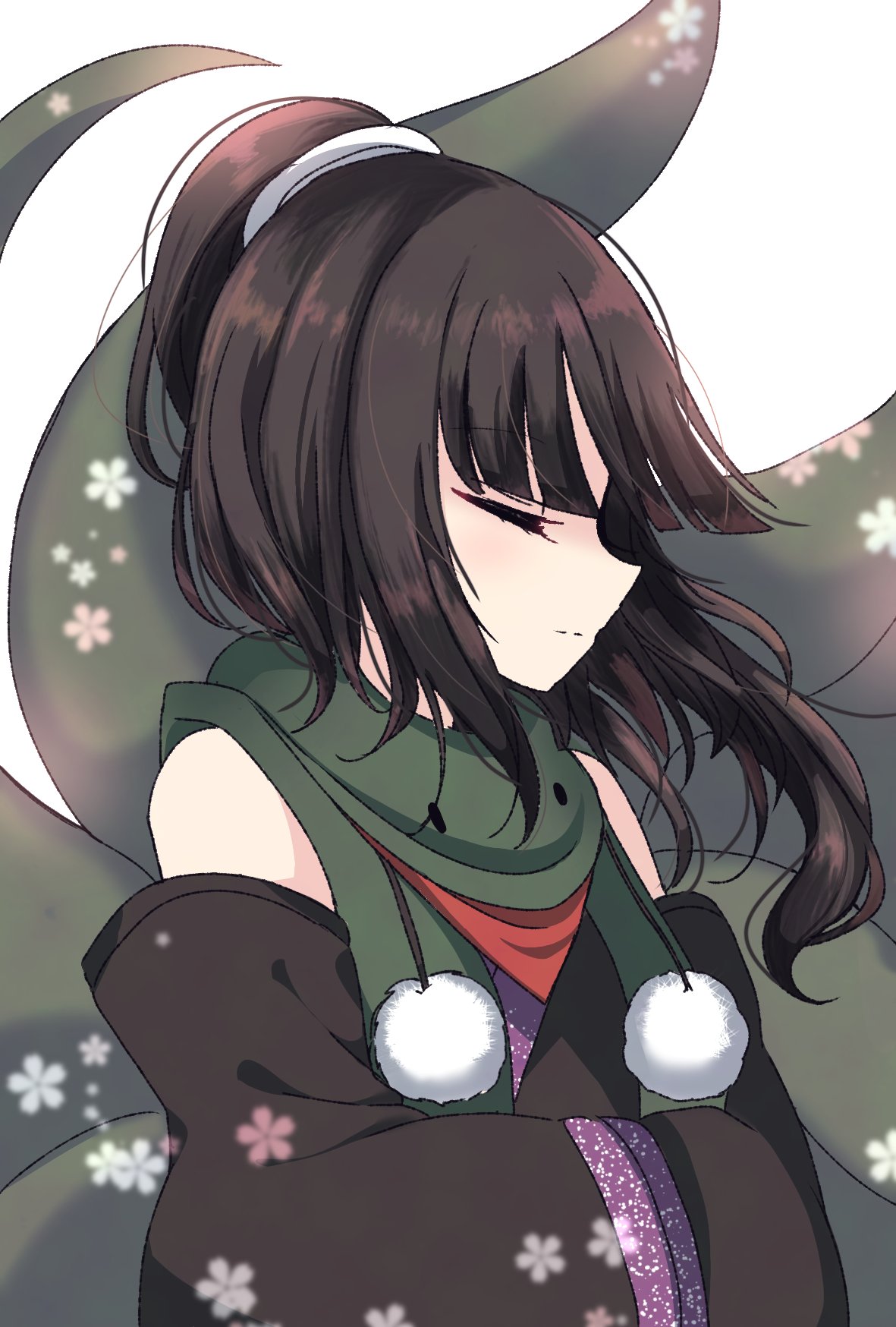 1other adagumo_no_yaorochi androgynous bare_shoulders black_hair black_kimono black_sleeves blunt_bangs coat detached_sleeves flower green_coat green_scarf highres japanese_clothes kimono len'en long_hair looking_to_the_side multiple_tails one_eye_closed one_side_up ougi_hina own_hands_together pom_pom_(clothes) ponytail_holder purple_trim red_scarf scarf side_ponytail sleeveless_coat snake_tail tail upper_body wide_sleeves