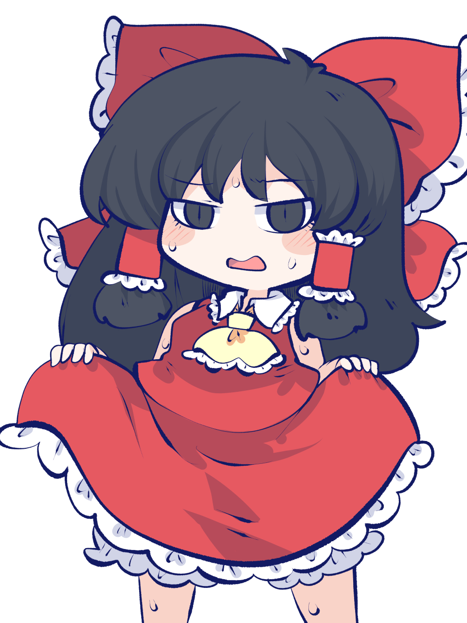1girl antenna_hair ascot bare_shoulders black_hair bloomers blush bow chahan_(fried_rice0614) chibi clothes_lift commentary_request feet_out_of_frame frilled_shirt_collar frills hair_bow hair_tubes hakurei_reimu highres legs_apart lifted_by_self long_hair open_mouth red_bow red_skirt red_vest sidelocks simple_background skirt skirt_set sleeveless solo sweat touhou underwear vest white_background yellow_ascot