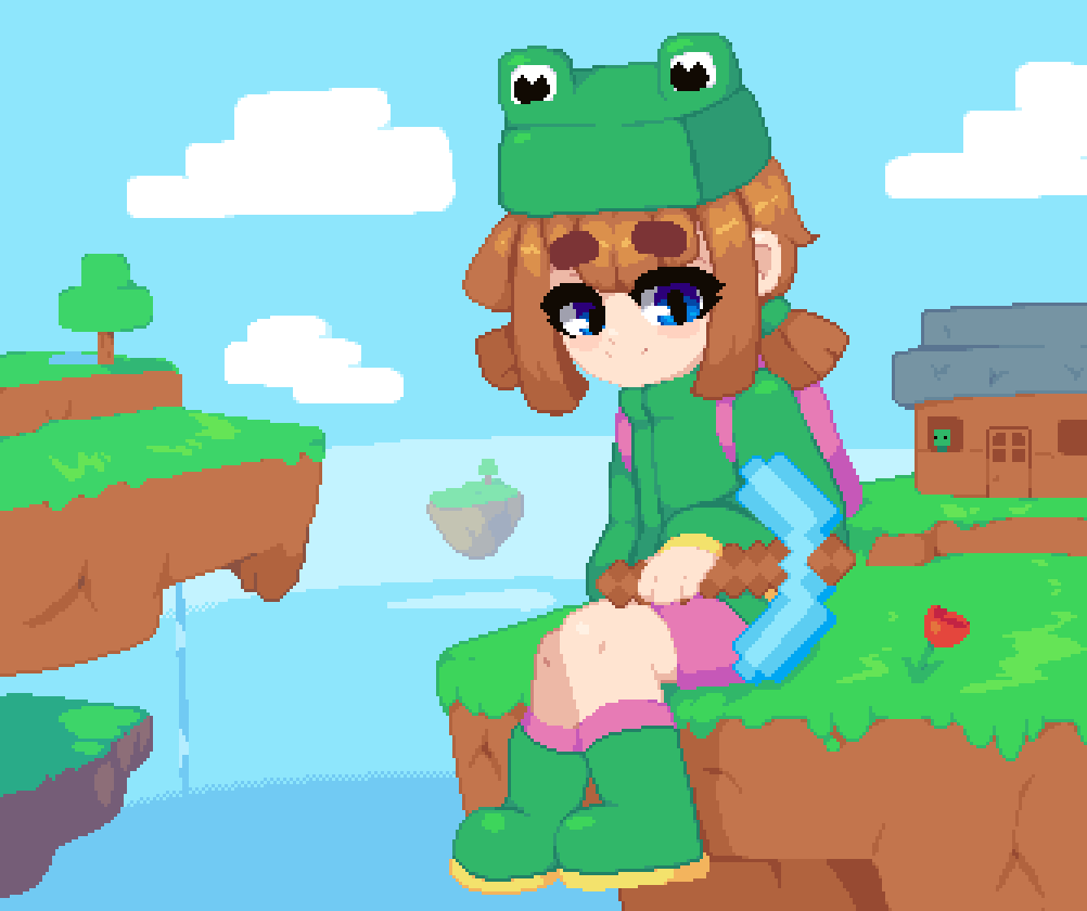 1girl animal_costume backpack bag blue_eyes boots brown_hair clouds creeper dithering floating_island flower frog_costume holding house jacket long_sleeves minecraft minimilieu pickaxe pixel_art rana_(minecraft) short_twintails shorts smile thick_eyebrows tree twintails