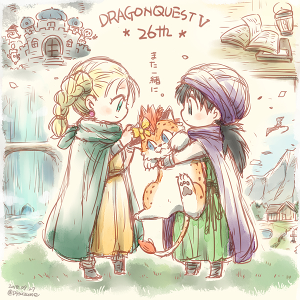 1boy 1girl aged_down animal bianca_(dq5) black_hair blonde_hair blue_eyes book boots borongo bracelet braid building castle cave cloak closed_mouth dated dqsuzume dragon_quest dragon_quest_v dress earrings female_child full_body grass green_cloak green_eyes green_tunic hair_pulled_back hero_(dq5) holding holding_animal house jewelry long_hair looking_at_another low_ponytail male_child monster mountain open_book orange_dress outdoors purple_cloak purple_headwear ribbon smile standing table tiger turban twin_braids twintails twitter_username water yellow_ribbon