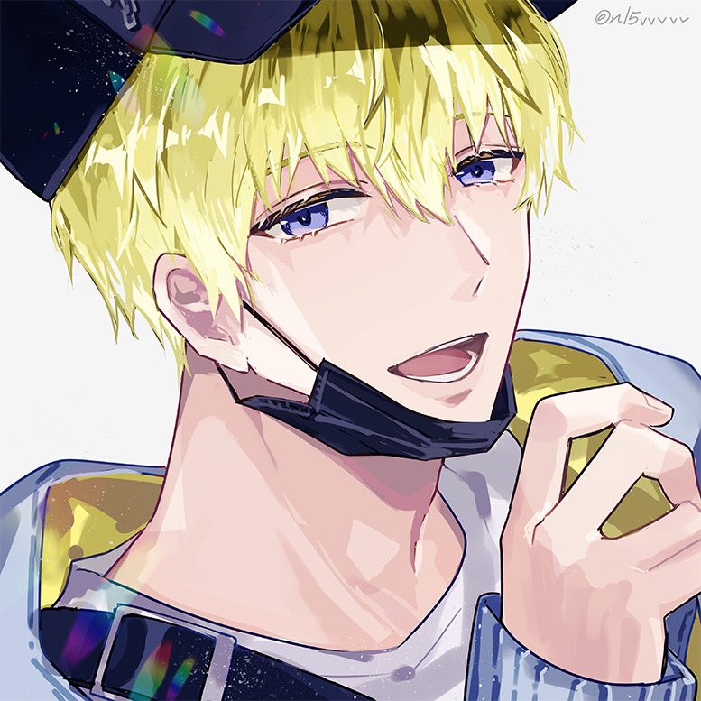 1boy :d artist_name baseball_cap black_headwear black_mask blonde_hair blue_jacket commentary english_commentary hair_between_eyes hand_up hat hood hood_down hooded_jacket jacket long_sleeves looking_at_viewer male_focus mask mask_pull mouth_mask nijisanji nijisanji_en nl5vvvvv off_shoulder official_alternate_costume open_clothes open_jacket open_mouth round_teeth shirt short_hair simple_background sleeves_past_wrists smile solo sonny_brisko sonny_brisko_(2nd_costume) teeth tongue twitter_username upper_body violet_eyes virtual_youtuber white_background white_shirt