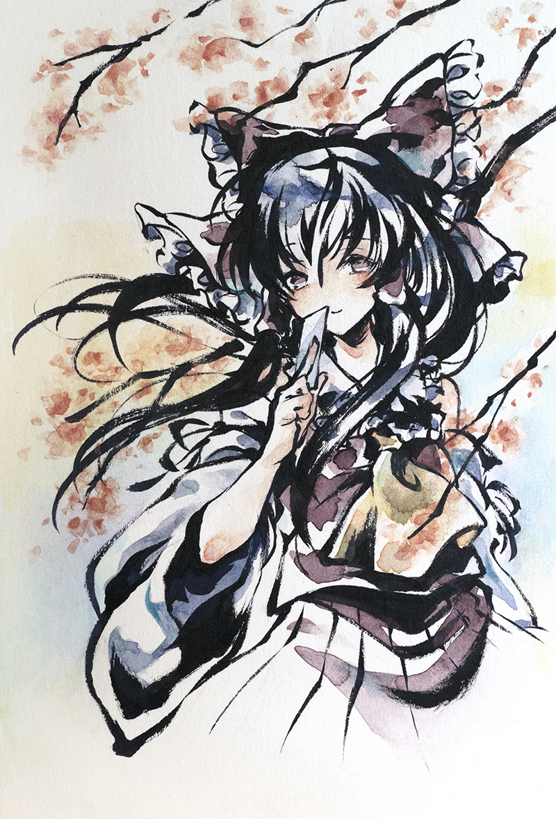 1girl arm_at_side ascot bare_shoulders black_hair black_ribbon bow branch brown_bow brown_skirt brown_vest calligraphy_brush_(medium) closed_mouth commentary_request detached_sleeves floating_hair frilled_bow frilled_shirt_collar frills hair_bow hair_tubes hakurei_reimu hand_up holding ikeda_ruriko long_hair looking_at_viewer multiple_sources ofuda painting_(medium) pleated_skirt ribbon sidelocks skirt skirt_set sleeve_ribbon smile solo touhou traditional_media vest white_sleeves wide_sleeves wind yellow_ascot