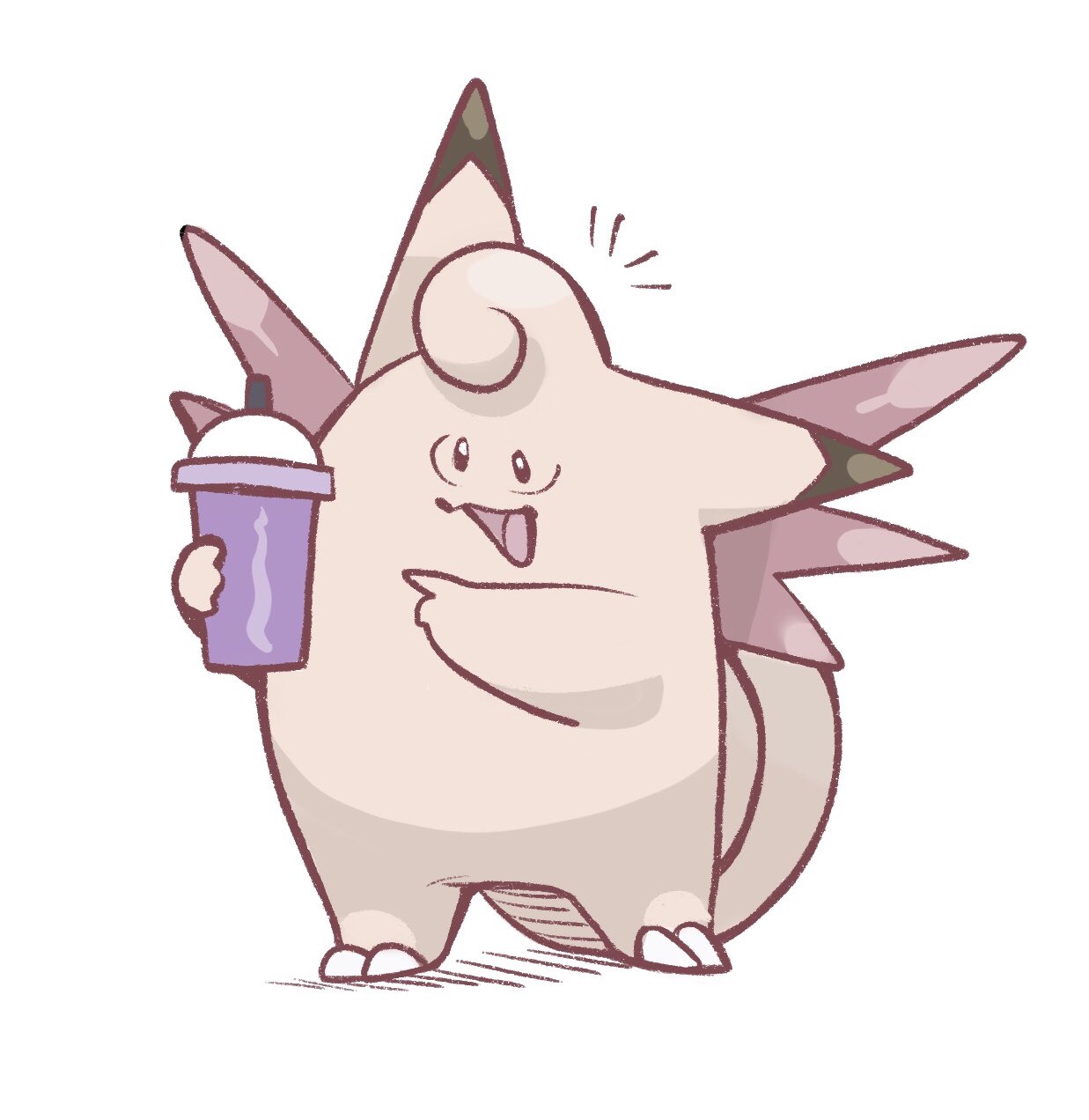 :d clefable commentary cup disposable_cup flyingrotten full_body grimace_shake_(meme) highres holding holding_cup meme no_humans open_mouth pointing pokemon pokemon_(creature) simple_background smile standing white_background