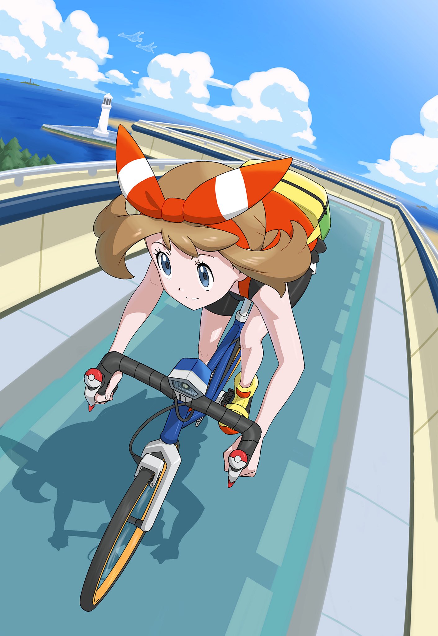 1girl bent_over bicycle bike_shorts bow_hairband brown_hair closed_mouth clouds commentary day eyelashes fanny_pack grey_eyes hairband highres holding ia_(ilwmael9) latias latios lighthouse may_(pokemon) ocean outdoors pokemon pokemon_(game) pokemon_oras riding riding_bicycle shirt shoes sky sleeveless sleeveless_shirt smile split_mouth water yellow_bag yellow_footwear