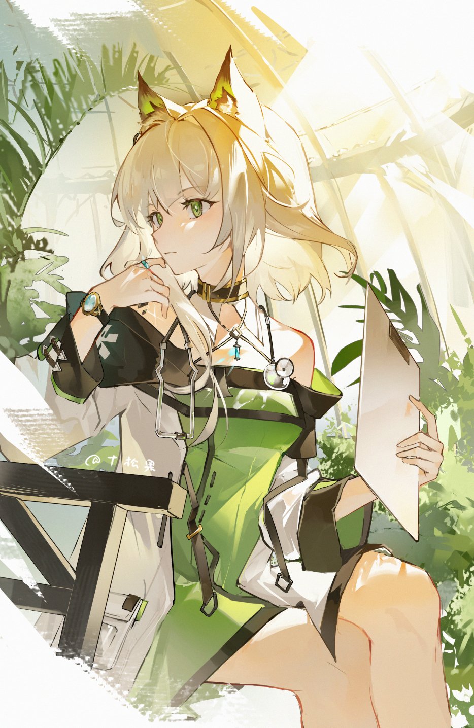 1girl animal_ear_fluff animal_ears arknights bare_shoulders black_choker cat_ears cat_girl choker closed_mouth coat crossed_legs dress elbow_rest from_side green_dress green_eyes green_hair highres jewelry kal'tsit_(arknights) long_sleeves medium_hair off-shoulder_dress off_shoulder oripathy_lesion_(arknights) ring signature sitting solo star_of_life stethoscope watch watch white_coat zeriko