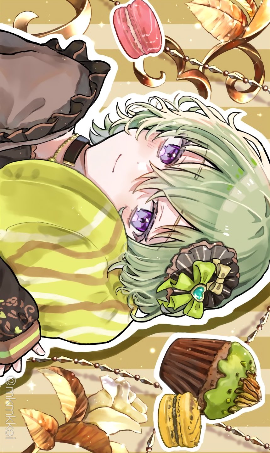 1girl blush bow candle_no_kaori_wa_omoide_to_tomo_ni_(project_sekai) closed_mouth commentary cupcake dot_nose flower food green_bow green_hair hair_between_eyes hair_ornament highres kusanagi_nene long_sleeves looking_at_viewer macaron mikeimikei object_hug official_alternate_costume official_alternate_hair_length official_alternate_hairstyle project_sekai purple_hair short_hair solo twitter_username