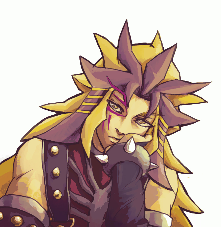 1boy blonde_hair bracelet dyed_bangs facial_mark hachiko_(wakadanna789) hand_on_own_face jacket jewelry long_hair male_focus paradox_(yu-gi-oh!) simple_background solo spiked_bracelet spikes spiky_hair studded_jacket upper_body white_background yellow_eyes yu-gi-oh! yu-gi-oh!_3d_bonds_beyond_time