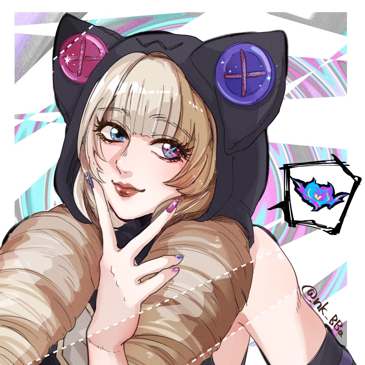 1girl bare_shoulders black_hood blue_eyes brown_hair closed_mouth detached_sleeves green_eyes grey_hair gwen_(league_of_legends) hand_up highres hood hood_up league_of_legends looking_at_viewer multicolored_background nail_polish nkbba pink_nails smile solo soul_fighter_gwen speech_bubble upper_body v white_background
