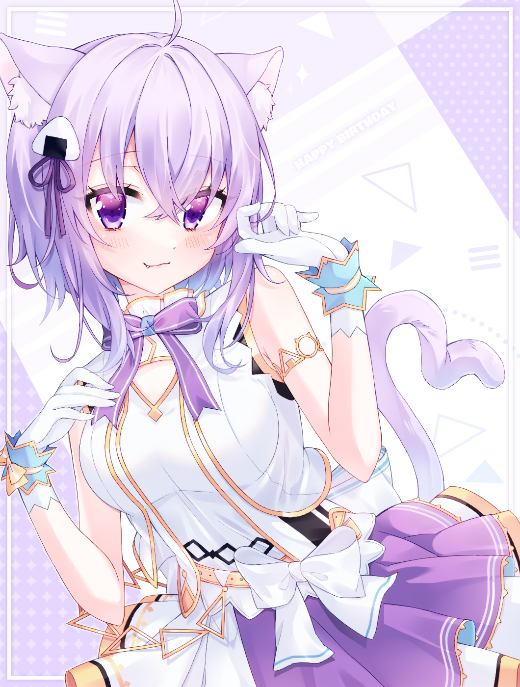 1girl :3 ahoge animal_ear_fluff animal_ears armlet back_bow bare_shoulders belt blush bow bow_skirt bowtie breasts cat_ears cat_girl cat_tail closed_mouth crossed_bangs double-parted_bangs fang fang_out food-themed_hair_ornament gloves hair_between_eyes hair_ornament hand_on_own_chest heart heart_tail highres hololive hololive_idol_uniform idol_clothes large_bow layered_skirt looking_at_viewer medium_breasts messy_hair miniskirt nekomata_okayu official_alternate_costume onigiri_hair_ornament purple_bow purple_bowtie purple_hair purple_skirt serurosu short_hair skirt skirt_set sleeveless solo tail vest violet_eyes virtual_youtuber w_arms waist_bow white_bow white_gloves white_skirt white_vest wrist_cuffs