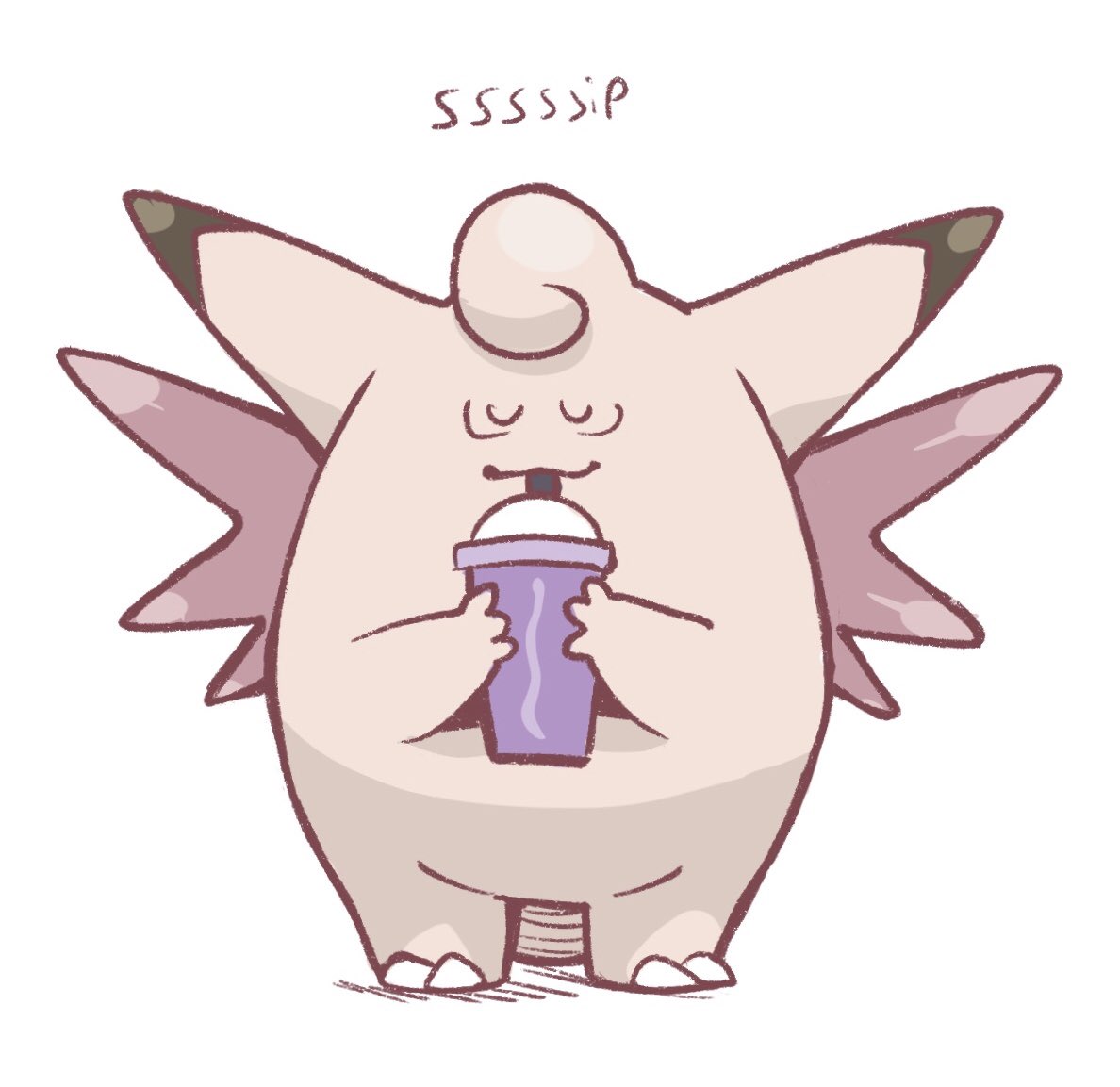 clefable closed_eyes commentary cup disposable_cup drinking flyingrotten full_body grimace_shake_(meme) holding holding_cup meme no_humans pokemon pokemon_(creature) simple_background standing u_u white_background