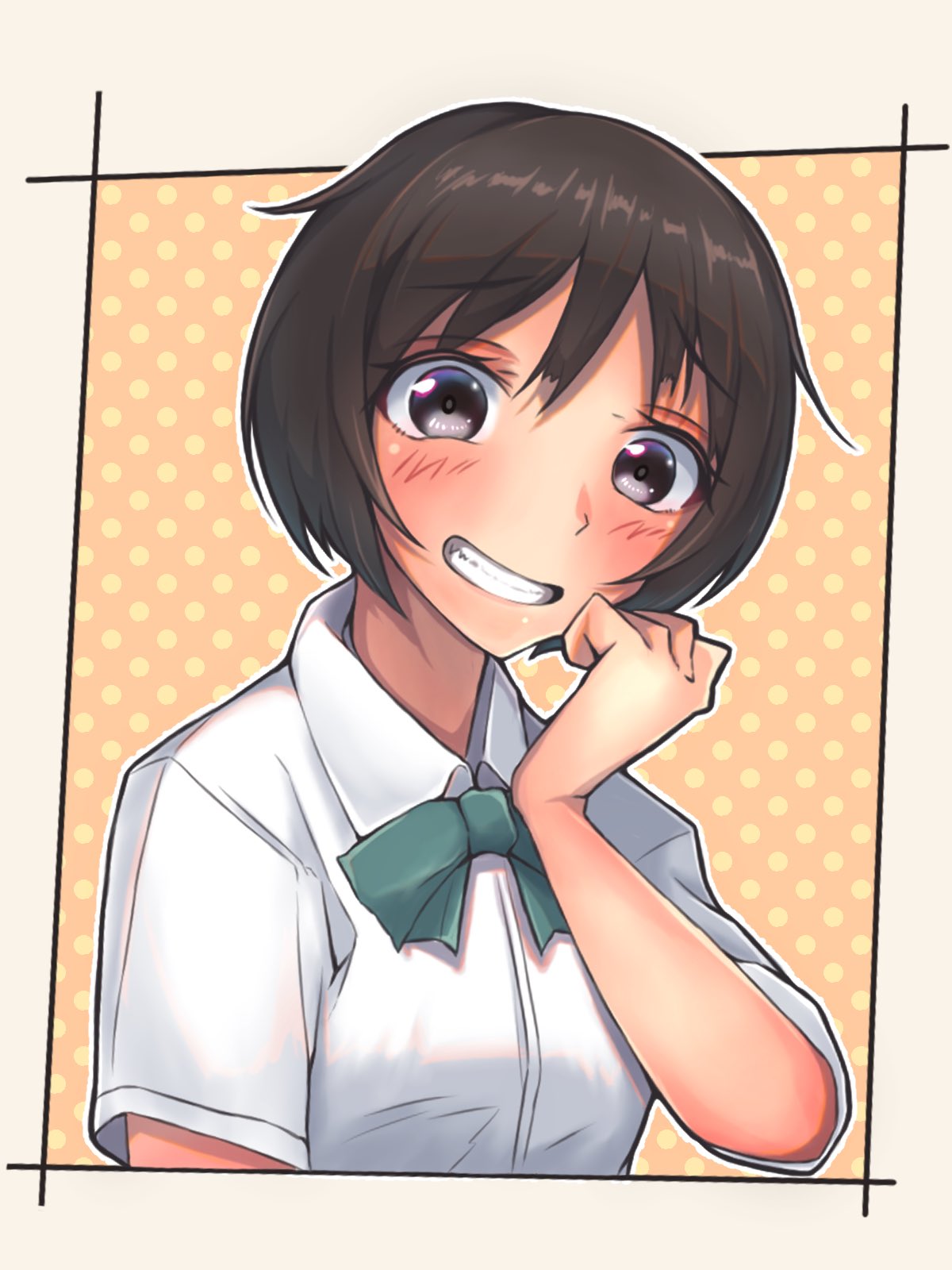 1girl amagami blush bob_cut border bow bowtie breasts brown_eyes brown_hair commentary curled_fingers dress_shirt green_bow green_bowtie grin hand_to_own_face happy highres kein_810 orange_background outline outside_border parted_lips polka_dot polka_dot_background raised_eyebrows shirt short_hair short_sleeves small_breasts smile solo tachibana_miya upper_body white_border white_outline white_shirt wide-eyed yellow_background
