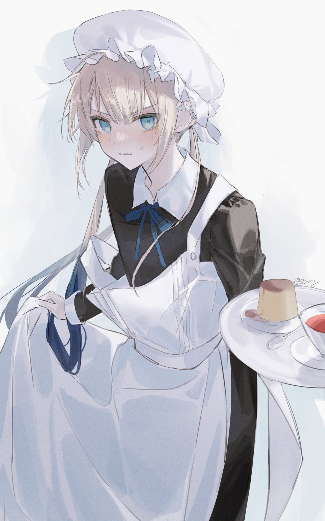 apron black_dress blonde_hair blue_eyes blue_hair blue_ribbon blush bonnet captain_nemo_(fate) crossdressing cup custard dress fate/grand_order fate_(series) food gradient_hair grey_background highres long_hair long_sleeves looking_at_viewer maid male_focus multicolored_hair nemo_(fate) off_shoulder otoko_no_ko ribbon saucer sherry_0014 simple_background solo tray twintails very_long_hair white_apron