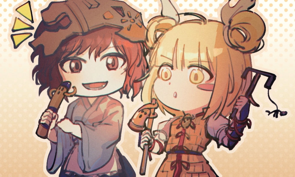 1girl 1other :o androgynous apron arm_ribbon armor blonde_hair blue_bow blue_kimono bow brooch brown_skirt double_bun frilled_apron frilled_sleeves frills gradient_background hair_bun hair_ribbon hakama hakama_short_skirt hakama_skirt hand_on_own_arm haniwa_(statue) helmet holding holding_toy japanese_clothes jewelry joutouguu_mayumi katano_sukune kimono len'en long_sleeves lower_teeth_only notice_lines open_mouth orange_background polka_dot polka_dot_background puffy_short_sleeves puffy_sleeves red_eyes red_ribbon redhead ribbon sdz013 short_hair short_sleeves single_blush_sticker skirt smile teeth touhou toy upper_body v-shaped_eyebrows waist_apron waist_bow white_apron white_ribbon white_sleeves wide_sleeves yellow_armor yellow_eyes