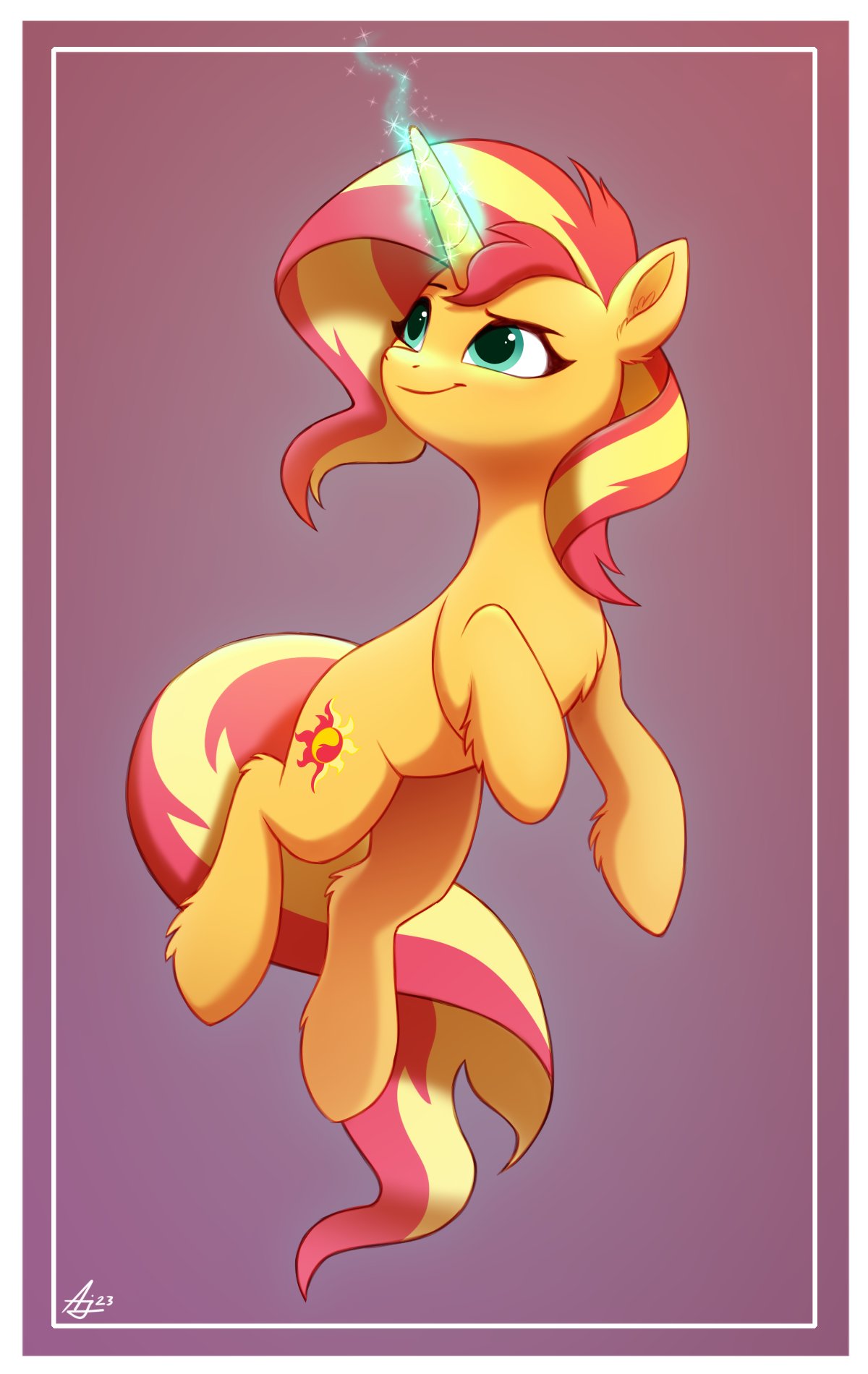 1girl blonde_hair colored_skin green_eyes highres horns luminousdazzle multicolored_hair my_little_pony my_little_pony:_friendship_is_magic redhead simple_background single_horn solo sunset_shimmer two-tone_hair unicorn yellow_skin