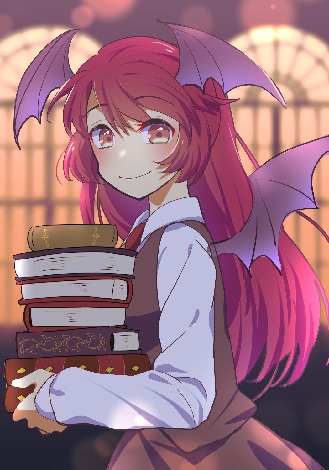 1girl bat_wings blurry blurry_background blush book book_stack brown_skirt brown_vest closed_mouth commentary_request from_side head_wings highres indoors koakuma long_hair looking_at_viewer nayozane_(worker7) necktie red_eyes red_necktie redhead skirt skirt_set smile solo swept_bangs touhou upper_body very_long_hair vest window wings