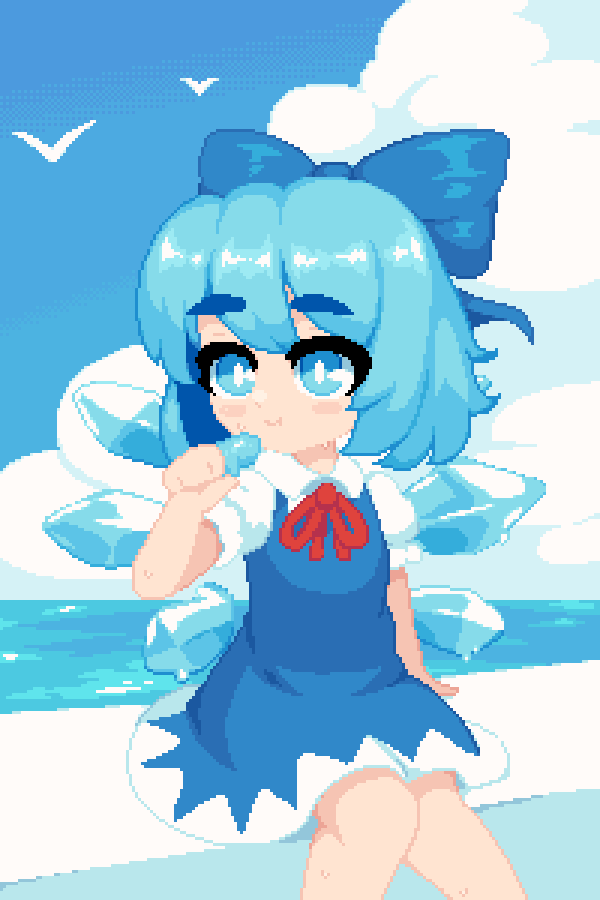 1girl bird blue_dress blue_eyes blue_hair blush bow cirno clouds dithering dress eating food hair_bow holding ice ice_cream minimilieu ocean pixel_art short_hair short_sleeves sitting smile thick_eyebrows touhou water