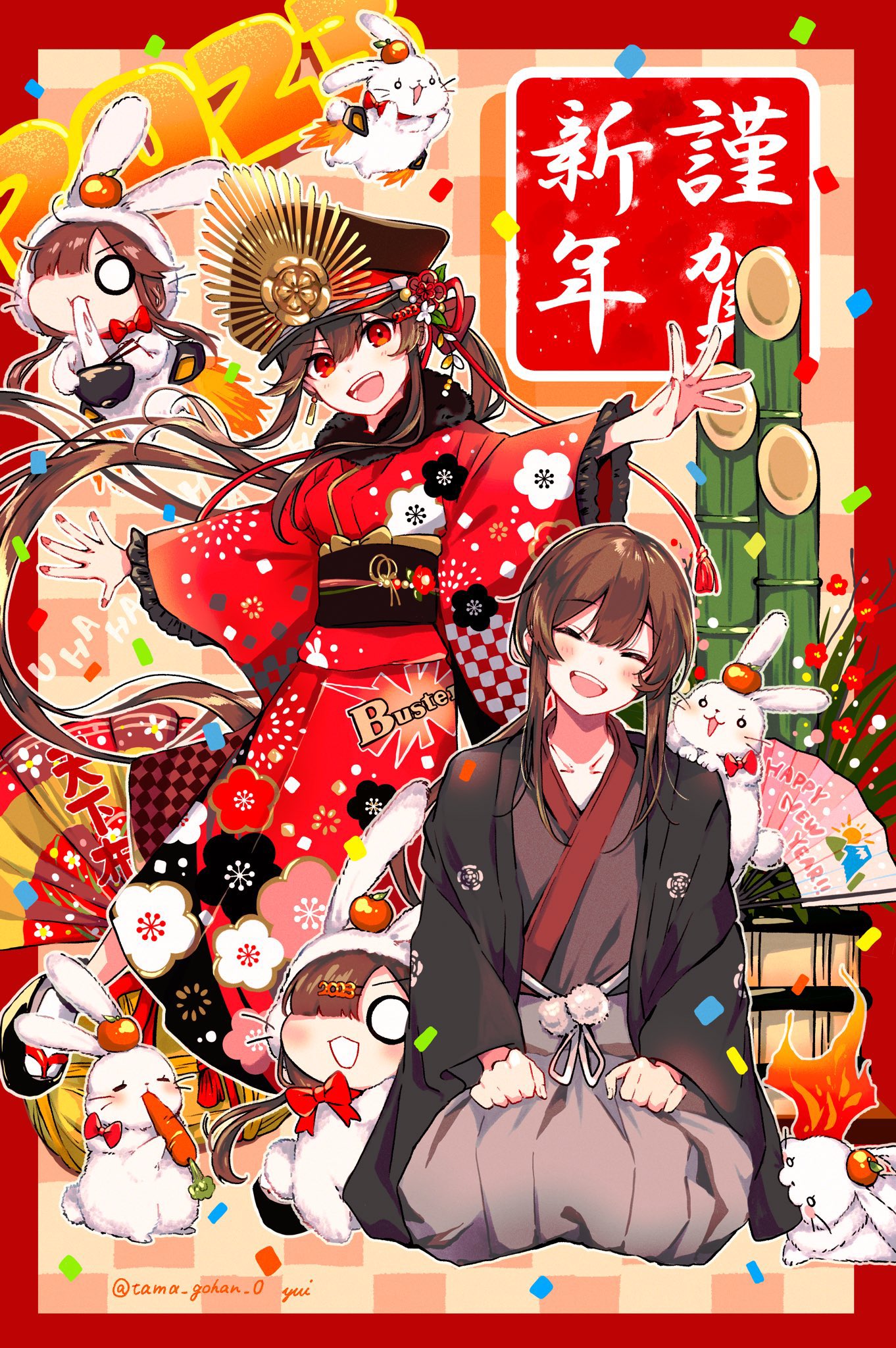 1boy 2023 animal_ears brother_and_sister chinese_zodiac earrings family_crest fate/grand_order fate_(series) happy_new_year hat hi_(wshw5728) highres japanese_clothes jewelry kimono long_hair long_sleeves new_year oda_nobukatsu_(fate) oda_nobunaga_(fate) oda_uri ponytail print_kimono rabbit rabbit_ears rabbit_tail red_eyes siblings tail white_rabbit_(animal) year_of_the_rabbit