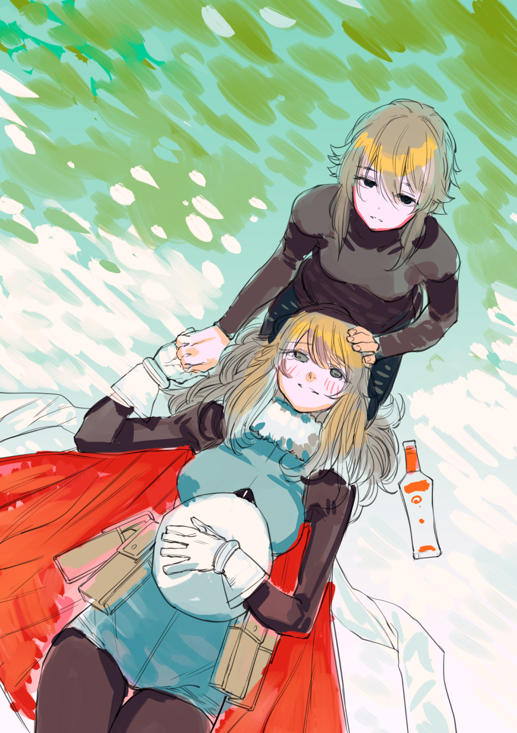 2girls alcohol andreanof_pepesha blonde_hair blue_eyes breasts brown_hair bukimi_isan character_request gloves grass green_sweater hair_between_eyes hat highres holding holding_clothes holding_hands holding_hat large_breasts long_hair long_sleeves looking_at_viewer looking_up lying mother_and_daughter multiple_girls on_back pantyhose shy_(series) sitting smile snow spirits_(shy) striped striped_sweater sweater teeth unfinished vodka white_gloves white_headwear