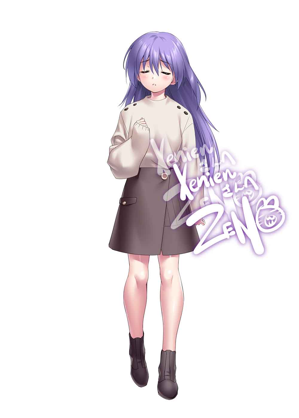 1girl alternate_costume angel_beats! black_footwear blush brown_skirt casual closed_eyes closed_mouth commentary commission english_commentary frown full_body furrowed_brow hair_between_eyes hand_up high-waist_skirt highres irie_miyuki long_hair paid_reward_available purple_hair second-party_source shirt simple_background skeb_commission skirt sleeves_past_wrists solo sprite standing white_background white_shirt zen_(kamuro)