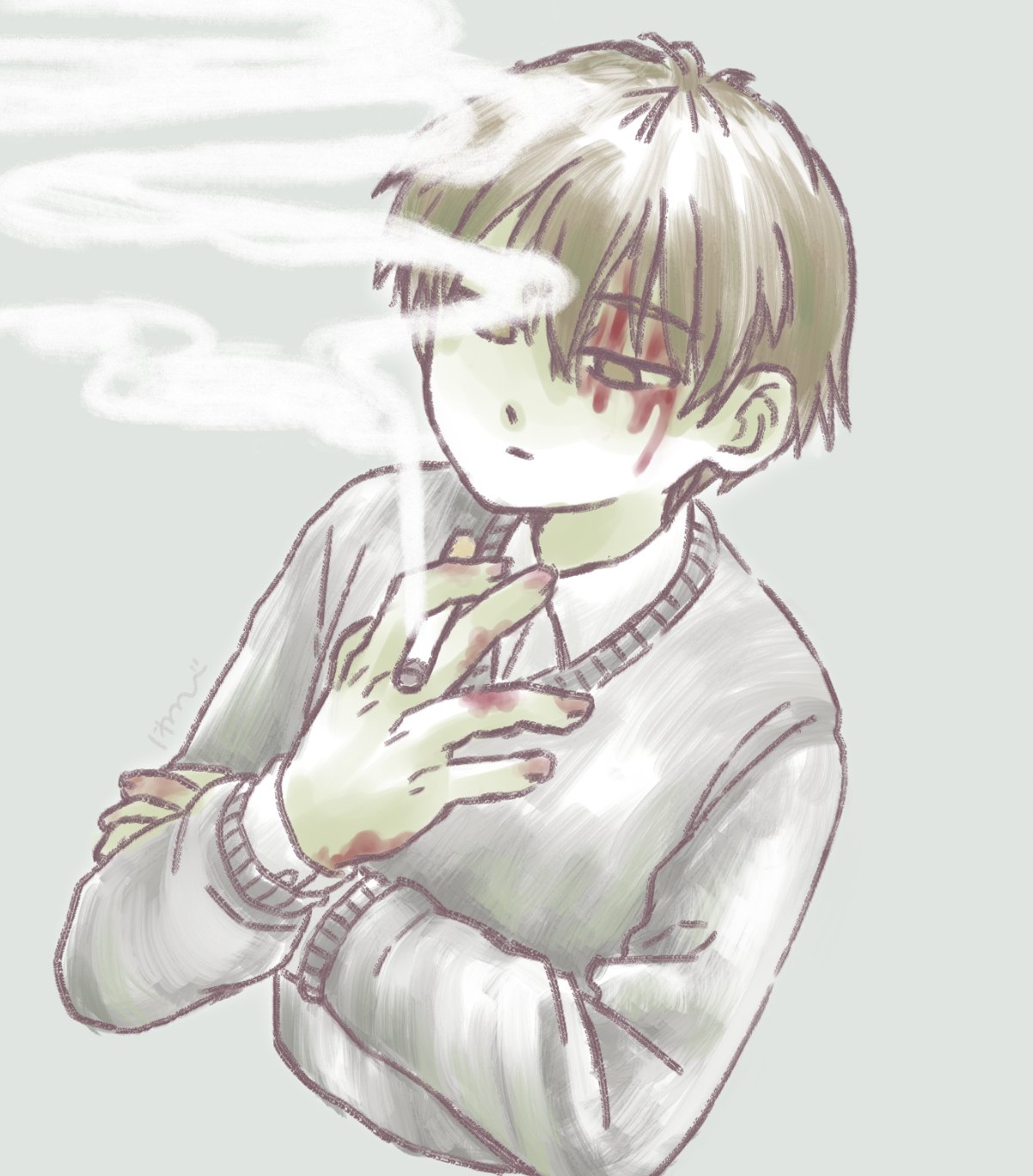 1boy between_fingers black_sweater blood blood_on_face brown_eyes brown_hair cigarette closed_mouth collared_shirt colored_skin commentary_request cropped_torso dress_shirt green_skin grey_background half-closed_eyes hand_up highres holding holding_cigarette holding_own_arm injury long_sleeves looking_down male_focus niwasakino_daei no_pupils shirt shitaisan short_hair signature smoke_trail smoking solo sweater white_shirt yume_nikki zombie