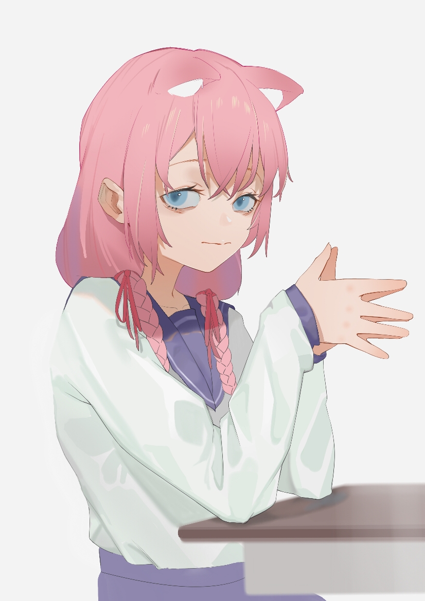 1girl animal_ear_fluff animal_ears blue_eyes blue_sailor_collar blue_skirt braid cat_ears closed_mouth commentary commentary_typo crossed_bangs desk fuwafuwa4560 hair_between_eyes hair_ribbon hinata_channel long_hair long_sleeves looking_to_the_side nekomiya_hinata own_hands_together pink_hair red_ribbon ribbon sailor_collar school_desk school_uniform shirt shirt_tucked_in simple_background skirt solo upper_body virtual_youtuber white_background white_shirt