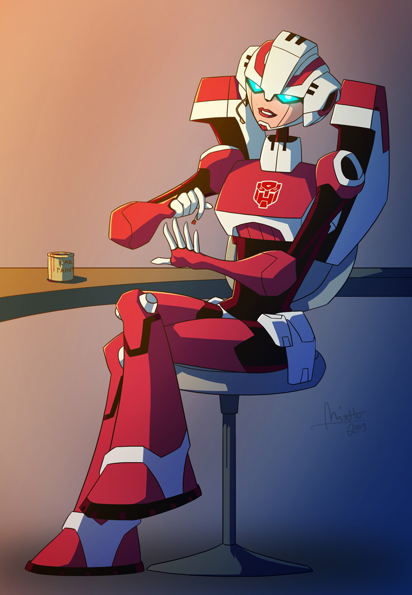 arcee autobot backpack bag blue_eyes breasts highres humanoid_robot looking_at_viewer mecha_musume medium_breasts minttu_hynninen nail_polish painting_nails red_lips robot sitting thighs toon_(style) transformers transformers_animated