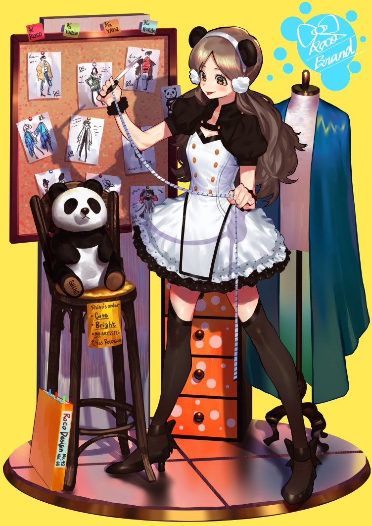 1girl animal_ears board brown_dress brown_hair brown_thighhighs bukimi_isan chair check_copyright copyright_request drawing dress fake_animal_ears frilled_dress frills full_body high_heels holding holding_knife knife panda_ears paper puffy_short_sleeves puffy_sleeves roco_moco shoes short_sleeves smile solo standing stuffed_animal stuffed_panda stuffed_toy thigh-highs white_dress yellow_background zettai_ryouiki