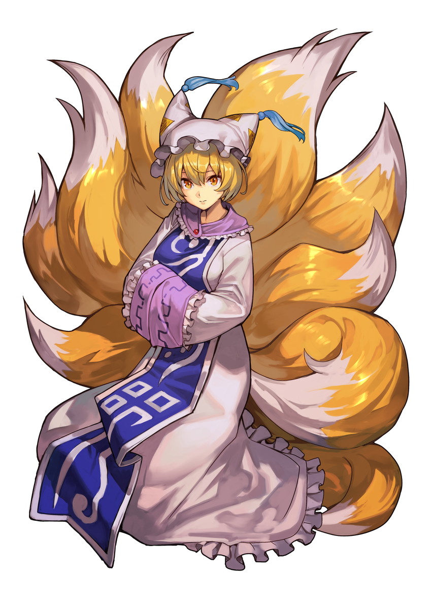 1girl animal_ears blonde_hair blue_tabard closed_mouth commentary_request dress fox_ears fox_tail frilled_sleeves frills full_body hands_in_opposite_sleeves hankuri hat highres long_sleeves looking_at_viewer multiple_tails orange_eyes second-party_source short_hair solo tabard tail touhou white_dress wide_sleeves yakumo_ran