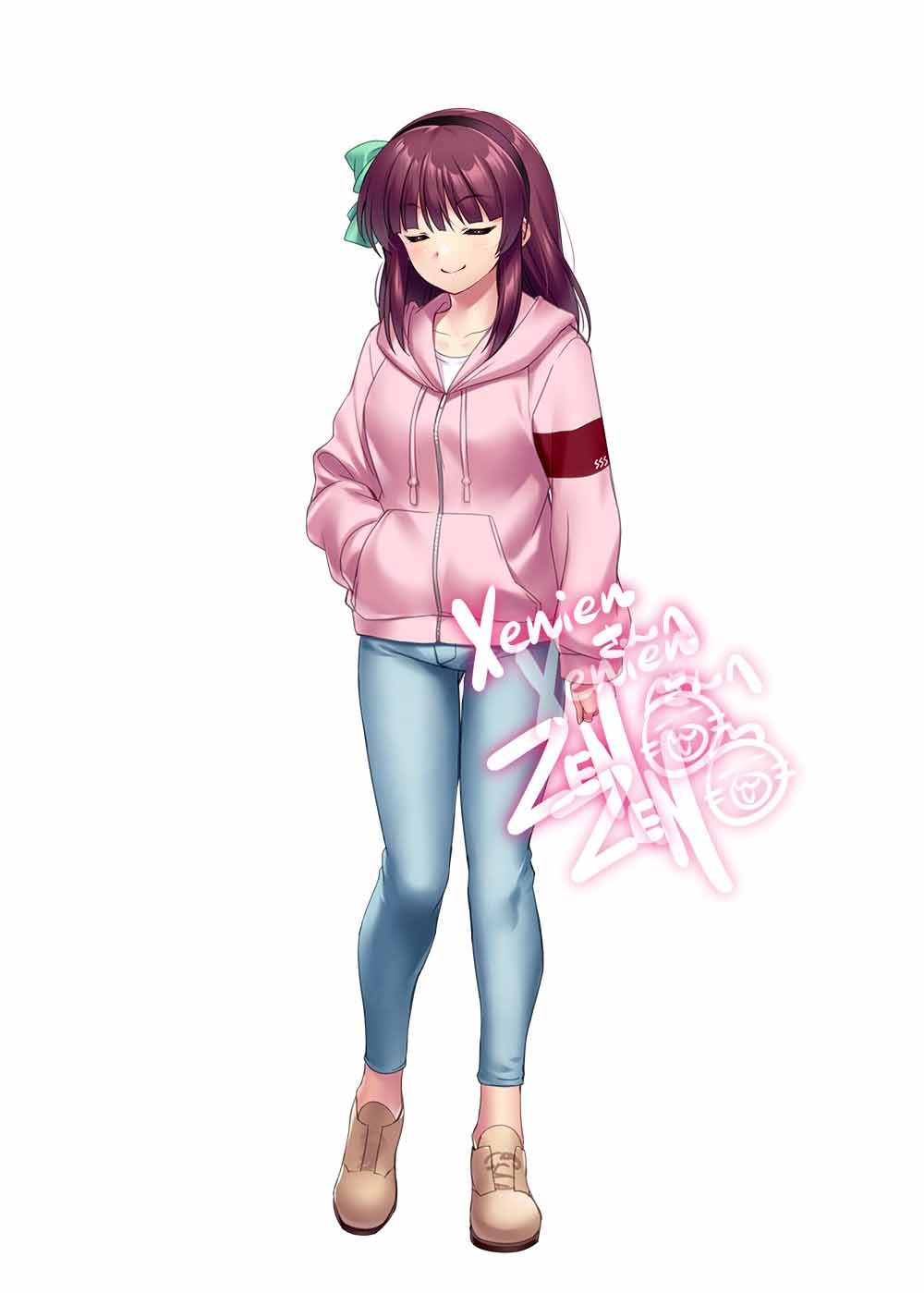1girl alternate_costume angel_beats! arm_at_side black_hairband blunt_bangs blush brown_footwear casual closed_eyes closed_mouth commentary commission denim english_commentary full_body green_ribbon hair_ribbon hairband hand_in_pocket highres hood hood_down hooded_jacket jacket jeans nakamura_yuri paid_reward_available pants pink_jacket purple_hair ribbon second-party_source sidelocks signature simple_background skeb_commission sleeves_past_wrists smile solo standing white_background zen_(kamuro)