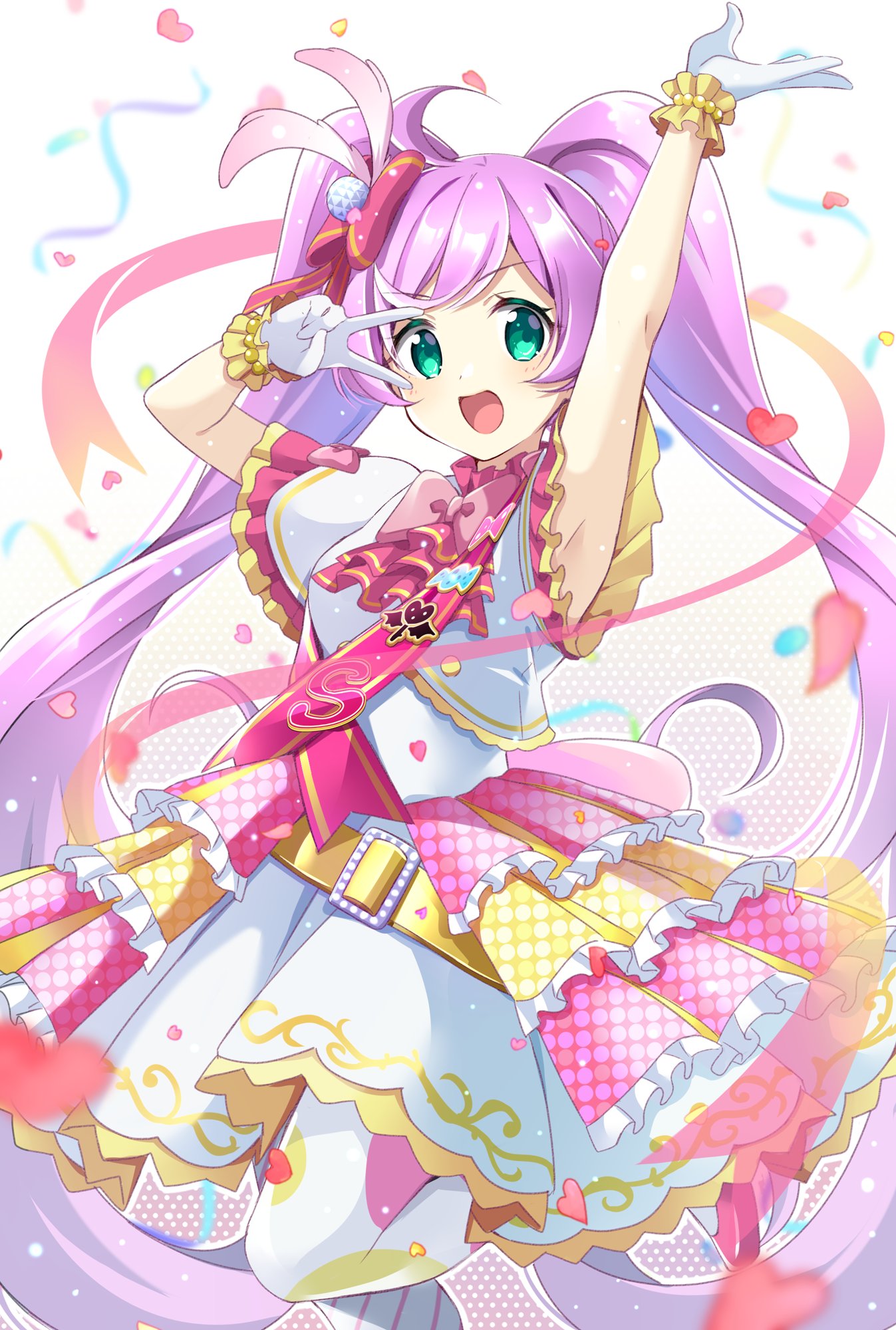 1girl :d aqua_eyes arm_up armpits ascot bow bowtie dress frilled_gloves frilled_skirt frills gloves highres knee_up komo_wan110 layered_skirt long_hair looking_at_viewer manaka_lala open_mouth overskirt pantyhose pink_bow pink_bowtie pretty_(series) pripara purple_hair red_ascot sash short_sleeves skirt smile solo standing standing_on_one_leg twintails v-shaped_eyebrows very_long_hair white_dress white_gloves white_pantyhose