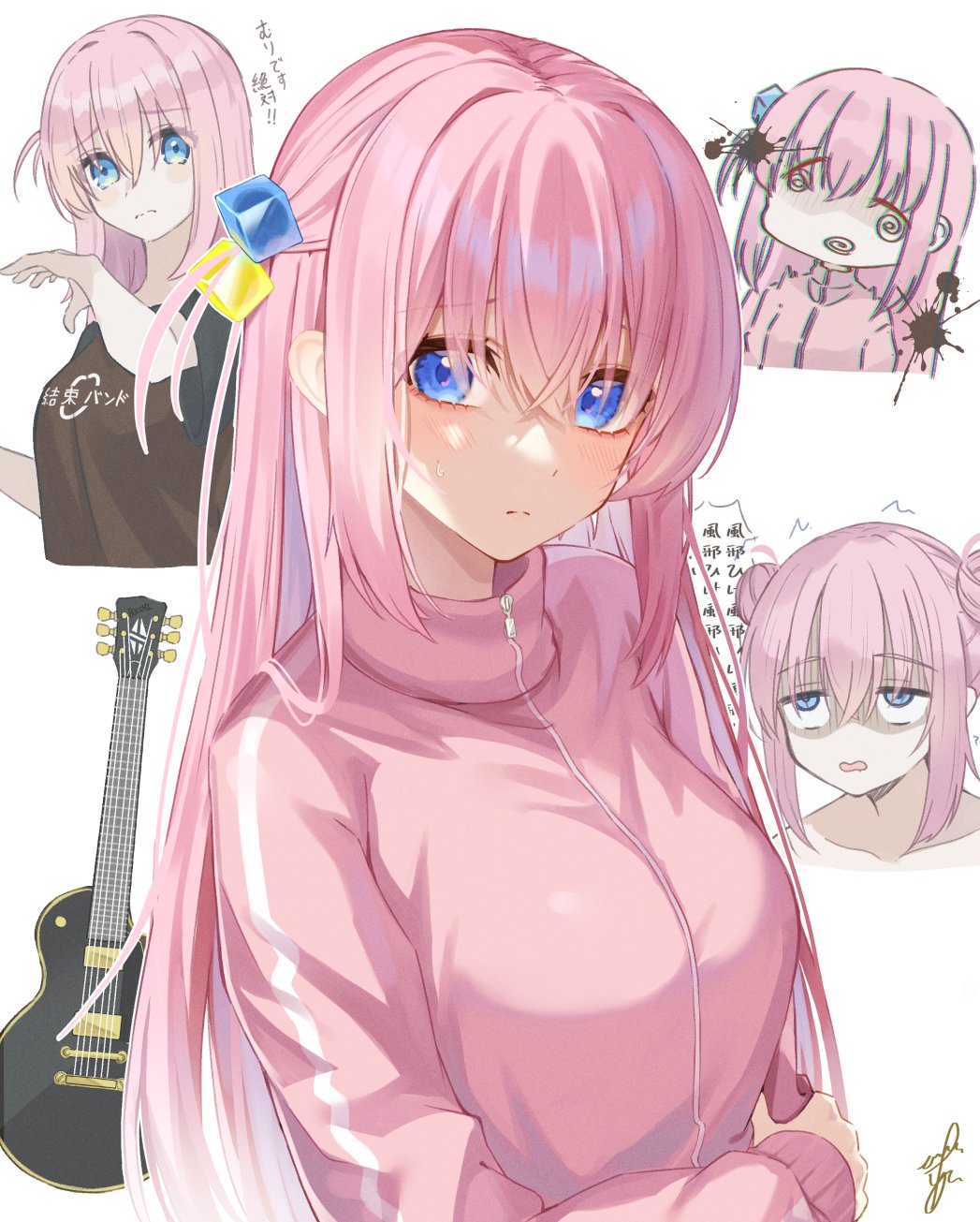 1girl @_@ black_shirt blue_eyes blush bocchi_the_rock! breasts closed_mouth clothes_writing collarbone commentary_request cropped_torso crossed_bangs cube_hair_ornament double_bun electric_guitar gibson_les_paul gotou_hitori guitar hair_between_eyes hair_bun hair_ornament hand_on_own_arm highres instrument jacket long_hair long_sleeves looking_at_viewer medium_breasts motion_lines multiple_views one_side_up open_mouth pink_hair pink_jacket shirt short_sleeves sidelocks signature simple_background spiral-only_eyes sweatdrop t-shirt track_jacket translation_request tsuruya_(l_re10_l) upper_body white_background zipper_pull_tab
