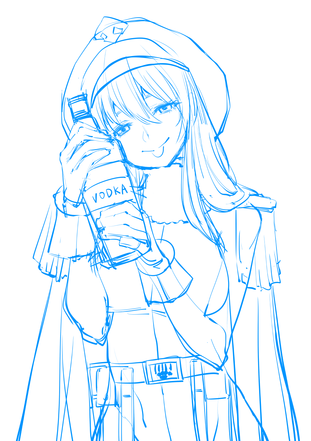1girl alcohol andreanof_pepesha belt bodysuit bottle breasts bukimi_isan closed_mouth cowboy_shot fur_collar gloves hair_between_eyes hat highres holding holding_bottle jacket jacket_on_shoulders large_breasts long_hair monochrome shy_(series) sketch smile solo spirits_(shy) unfinished vodka
