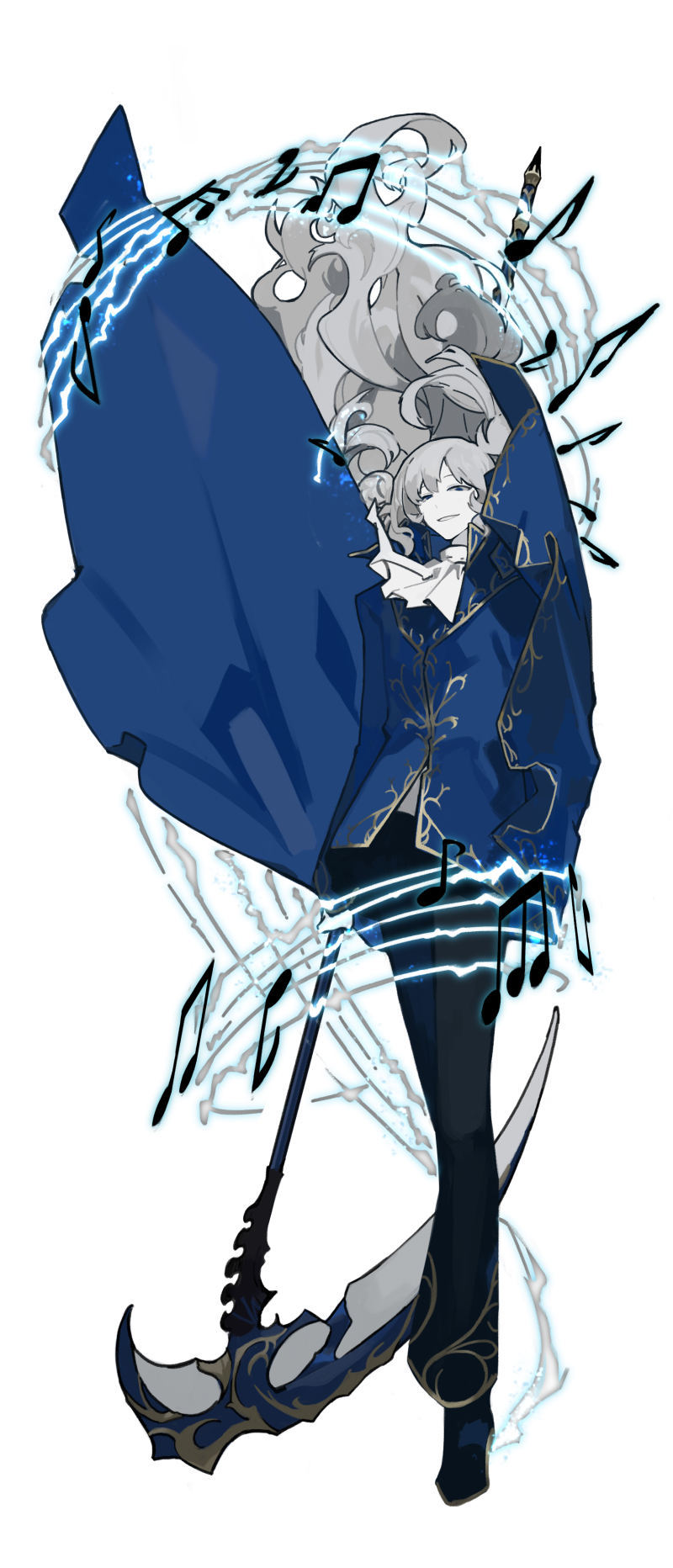 1boy argalia_(library_of_ruina) arm_up ascot beamed_eighth_notes black_footwear black_pants blue_cape blue_jacket cape floating_hair gold_trim highres holding holding_scythe jacket library_of_ruina long_hair looking_at_viewer music musical_note nishikujic pants parted_lips project_moon scythe shoes sidelocks smile solo standing very_long_hair white_ascot white_hair