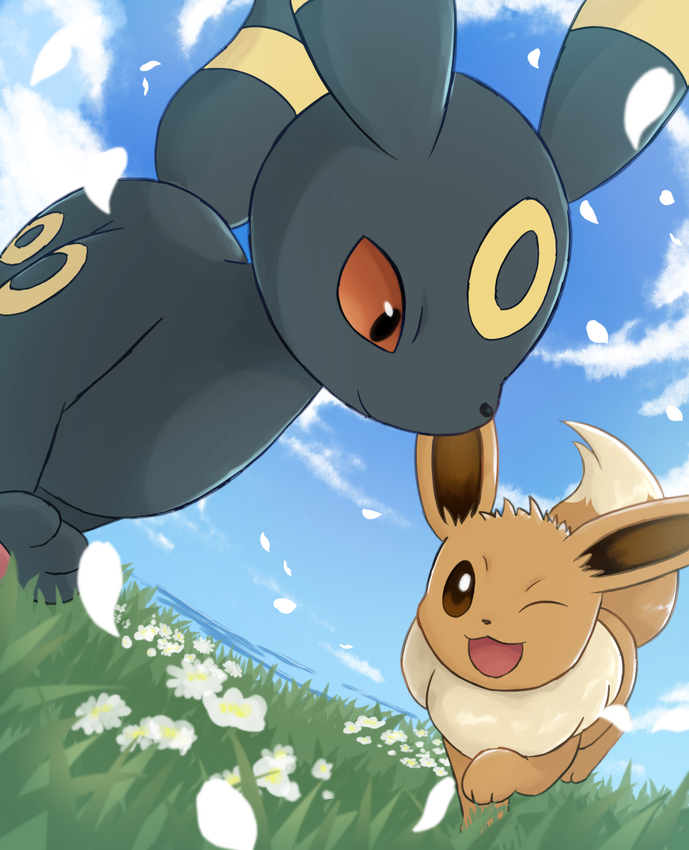 blue_sky clouds colored_sclera eevee flower grass highres no_humans on_grass one_eye_closed open_mouth outdoors pokemon pokemon_(creature) red_sclera rumine_(yoshi1234567) sky umbreon white_flower