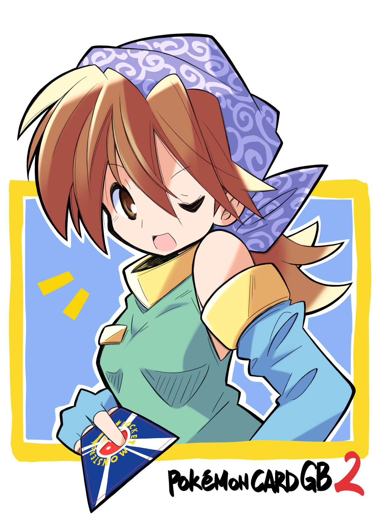 1girl ;d bare_shoulders brown_eyes brown_hair card commentary_request copyright_name elbow_gloves fingerless_gloves gloves green_shirt highres holding holding_card long_hair mint_(pokemon) one_eye_closed open_mouth outline pokemon pokemon_(game) pokemon_card pokemon_tcg pokemon_tcg_gb purple_bandana rascal shirt sleeveless sleeveless_shirt smile solo