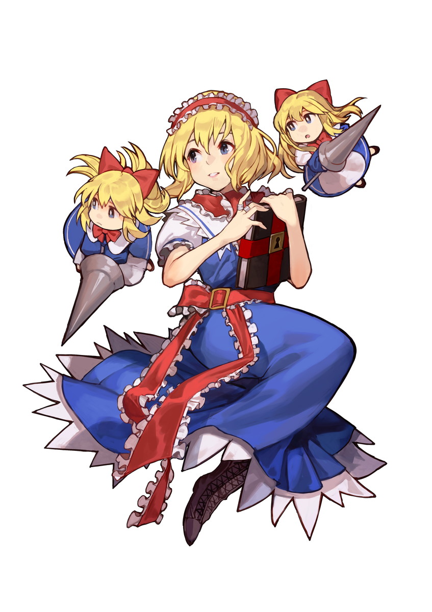 1girl alice_margatroid blonde_hair blue_dress blue_eyes boots bow bowtie brown_footwear commentary_request dress frilled_hairband frilled_ribbon frills full_body grimoire_of_alice hair_bow hairband hankuri highres jewelry lance long_hair medium_hair parted_lips polearm puffy_short_sleeves puffy_sleeves puppet_rings red_bow red_bowtie red_ribbon ribbon ring second-party_source shanghai_doll short_sleeves simple_background touhou weapon white_background