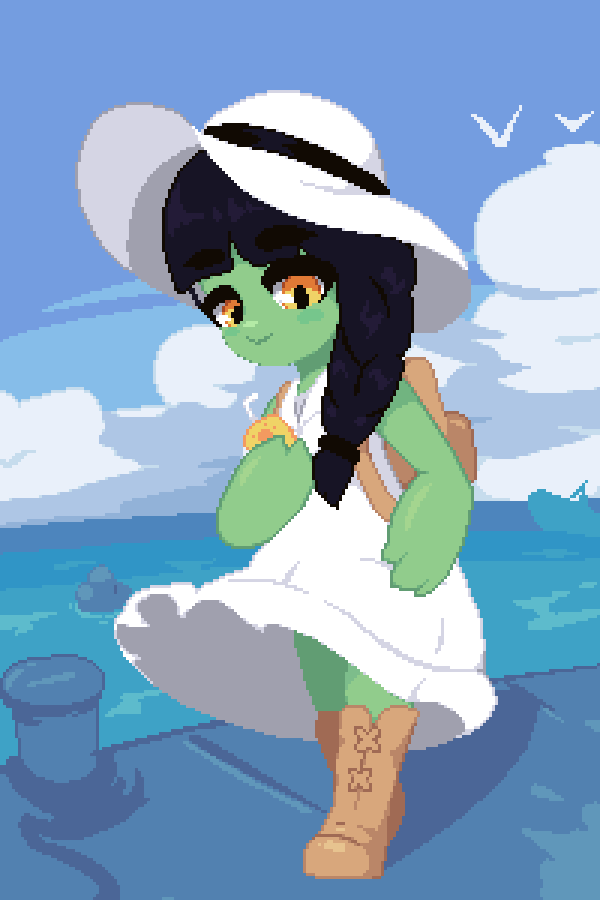 1girl backpack bag bird black_hair blush boat boots braid braided_ponytail closed_mouth clouds colored_skin dock dress frog_girl full_body green_skin hat holding juice_box long_hair looking_at_viewer minimilieu monster_girl ocean original pixel_art shoes smile solo standing sun_hat thick_eyebrows watercraft white_dress yellow_eyes